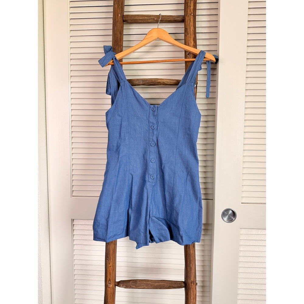 ZARA Romper XS Blue Button Front Tie Shoulder Cotton Jumpsuit